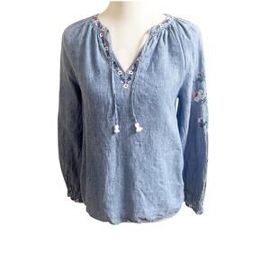 Charter Club Luxury 100% Linen Embroidered Sleeve Tunic Chambray Size Small